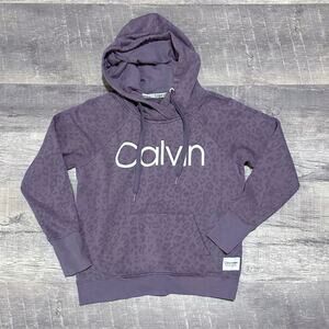 Calvin Klein Crossover Neck Hoodie Sweatshirt Womens S Purple Leopard Print